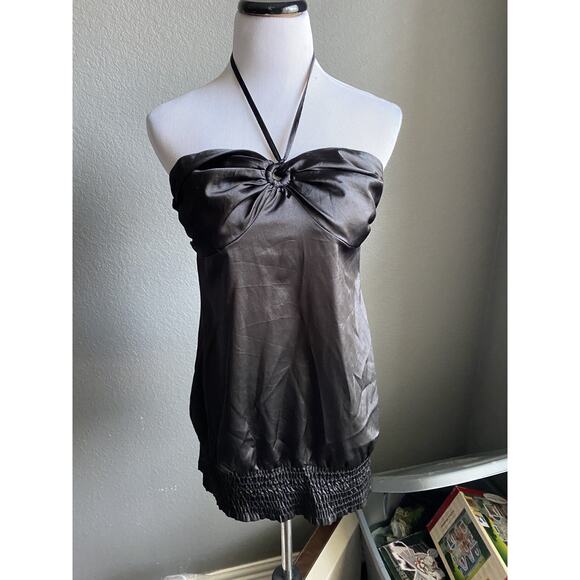 Guess Satin Halter Top Y2k Banded Hem Black Medium Women Blouse Keyhole Vtg - Picture 4 of 10